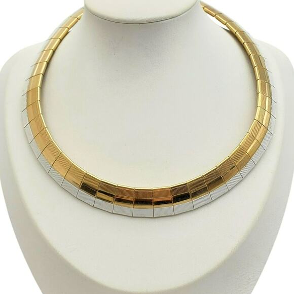 Retro White Enamel Gold Choker Modernist Necklace Block Statement 1980s Collar - Picture 1 of 10